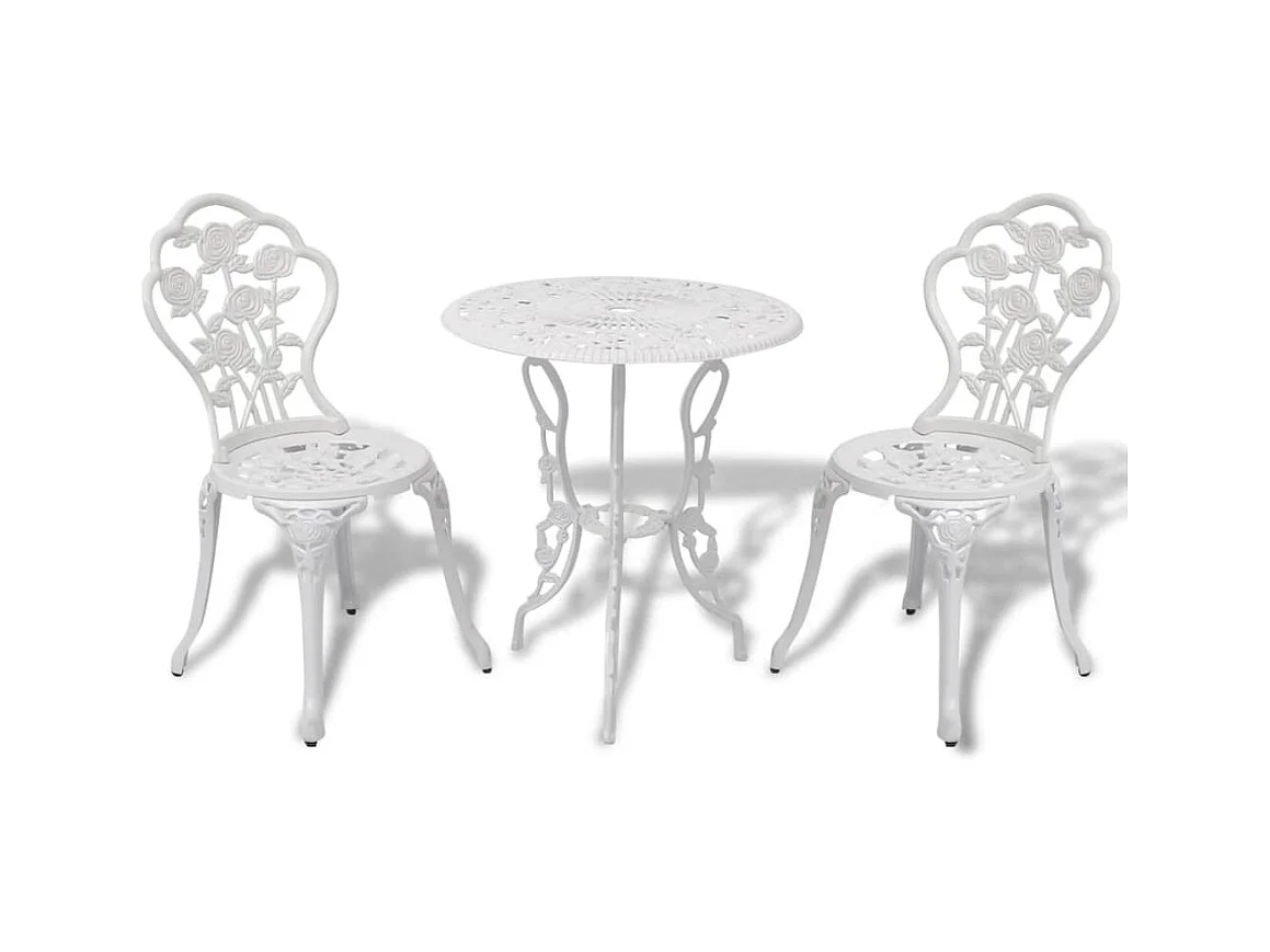 Mesa y sillas bistró de jardín 3 piezas aluminio fundido blanco ES207529