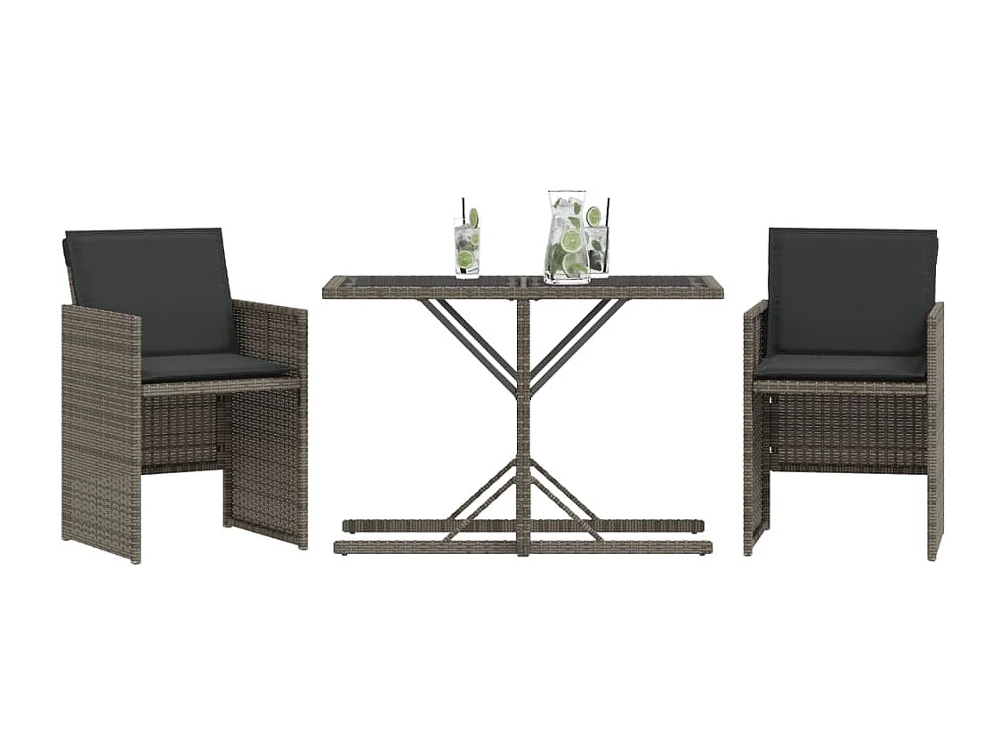 3 pcs conjunto bistrô com almofadões vime PE cinza PT264337