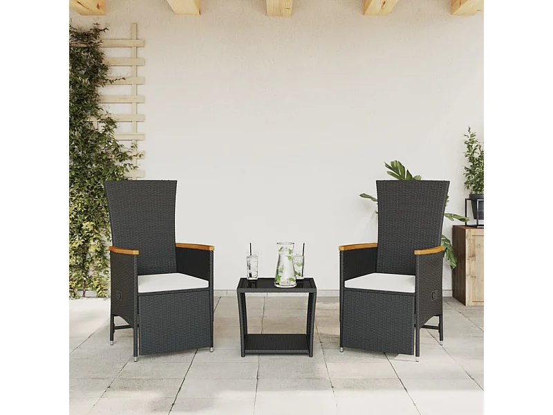 3 pcs conjunto de jantar p/ jardim c/ almofadões vime PE preto PT616899