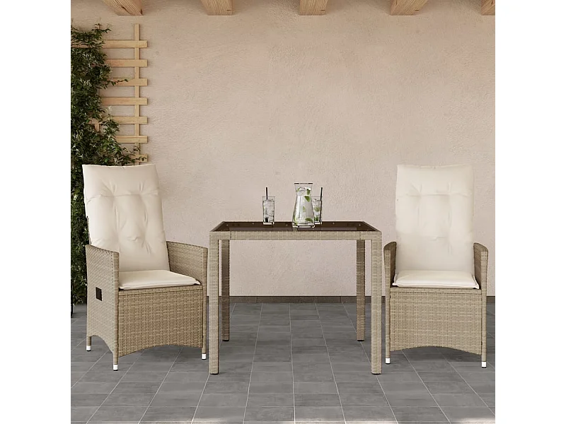 3 pcs conjunto bistrô com almofadões vime PE bege PT713343