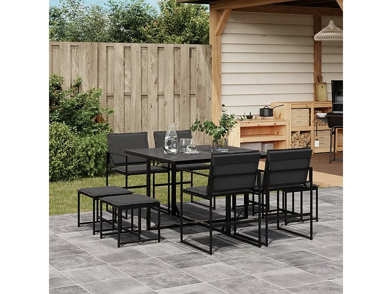 9 pcs conj. de jantar para jardim c/ almofadões textilene preto PT340969