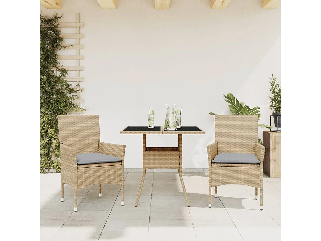 Ensemble à manger de jardin et coussins 3 pcs beige rotin verre FR80788