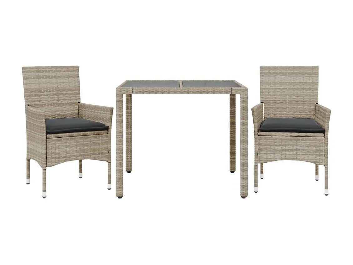 Set comedor jardín 3 pzas y cojines ratán PE vidrio gris claro ES574211