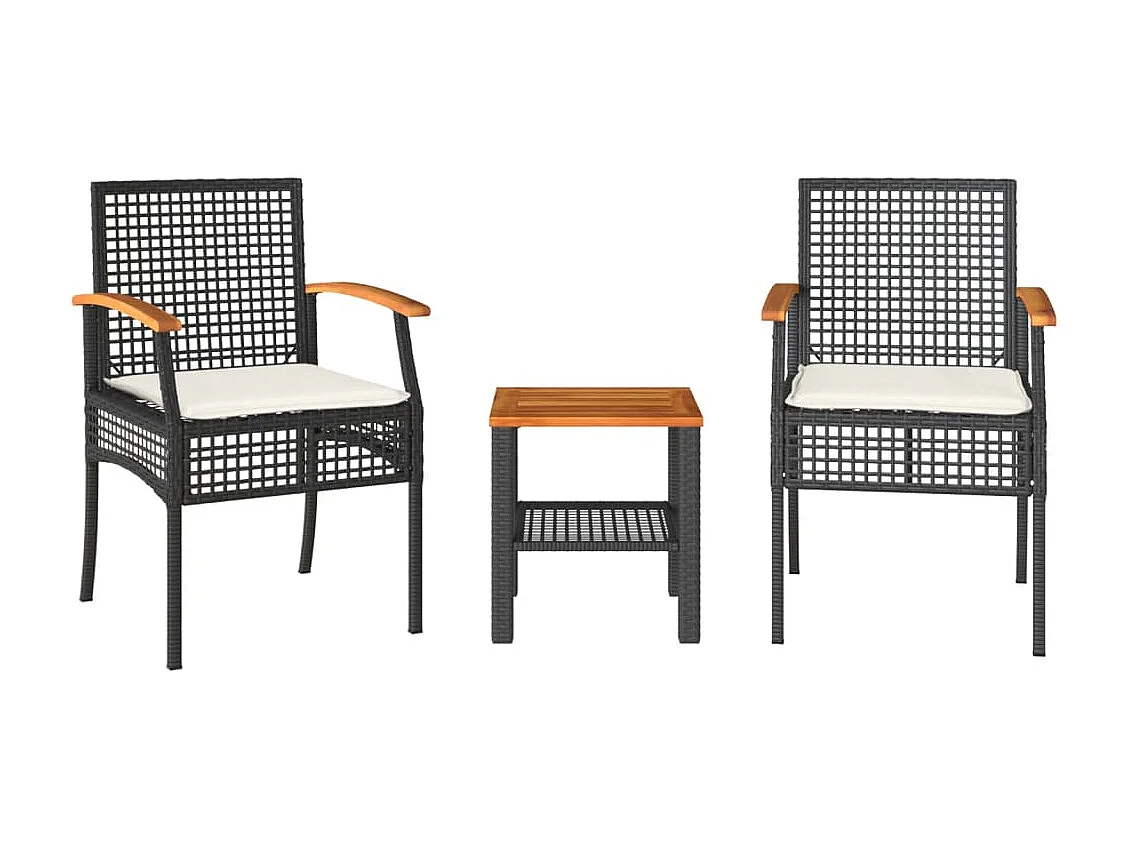 Ensemble de bistro 3 pcs et coussins noir résine tressée acacia FR94365