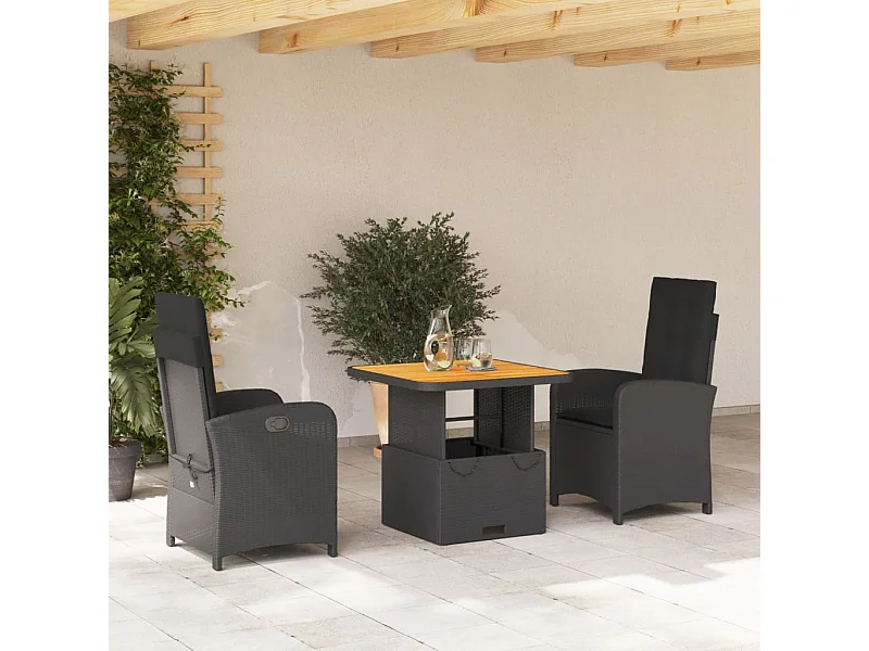 3 pcs conjunto de jantar p/ jardim c/ almofadões vime PE preto PT757912