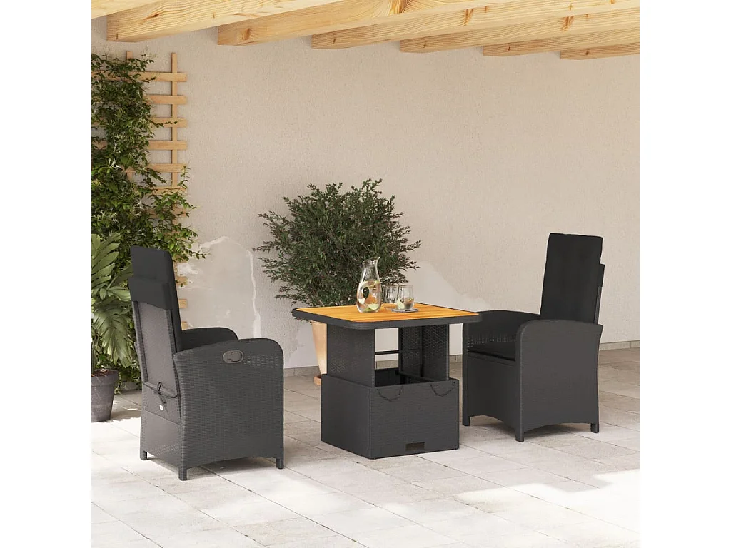 3 pcs conjunto de jantar p/ jardim c/ almofadões vime PE preto PT757912