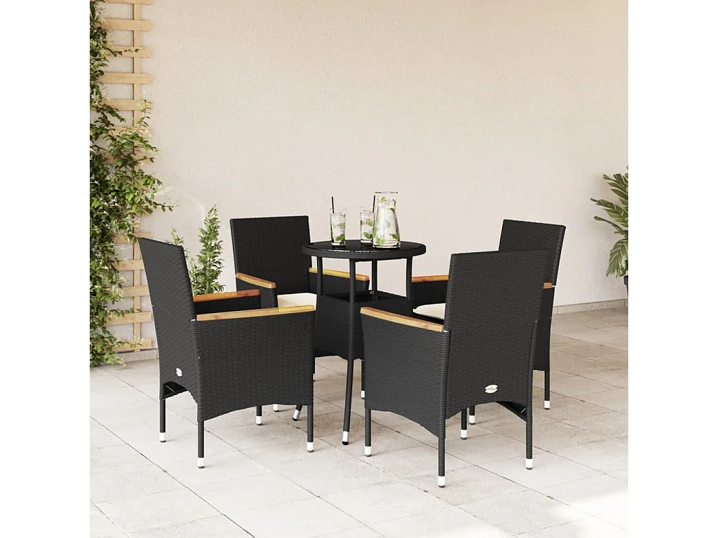 Ensemble à manger de jardin et coussins 5 pcs noir rotin verre FR40358