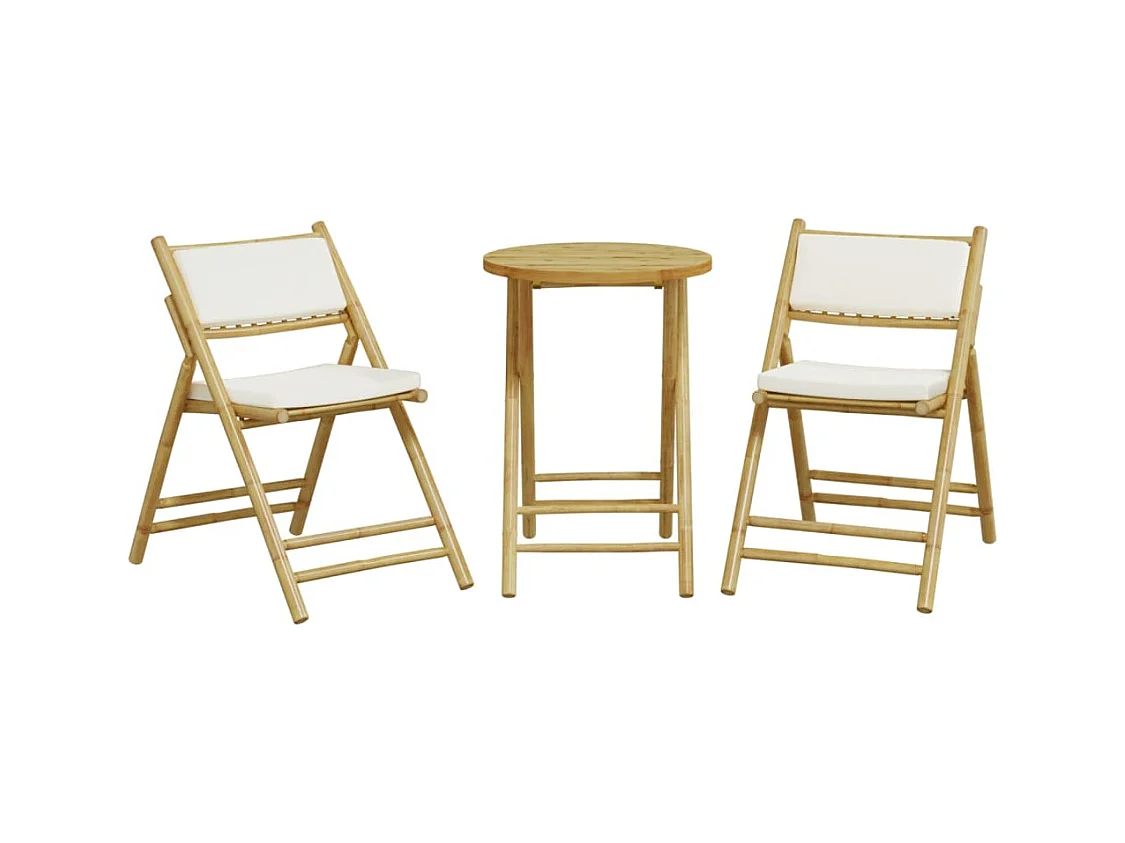 Juego bistró plegable de bambú 3 pzas con cojines blanco crema ES556251