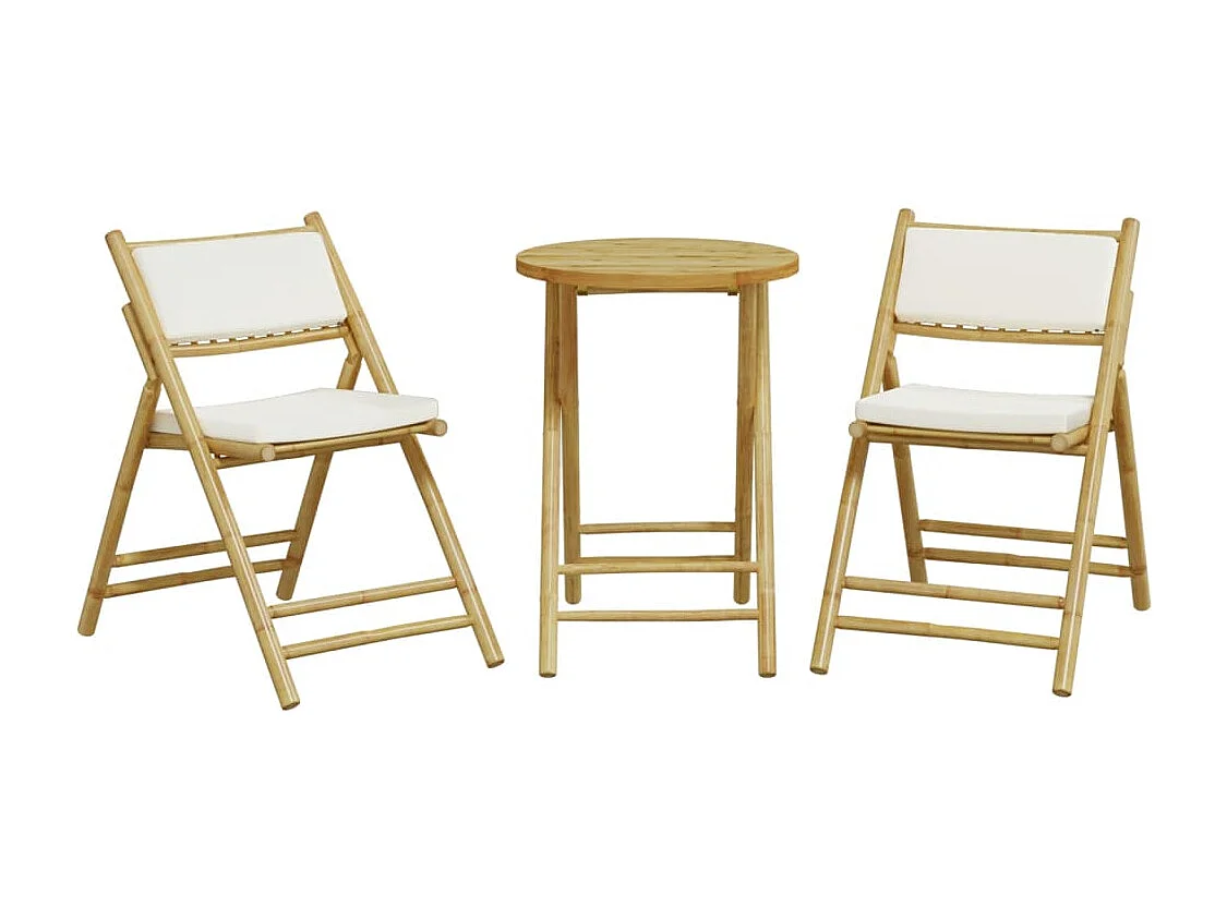 Juego bistró plegable de bambú 3 pzas con cojines blanco crema ES556251