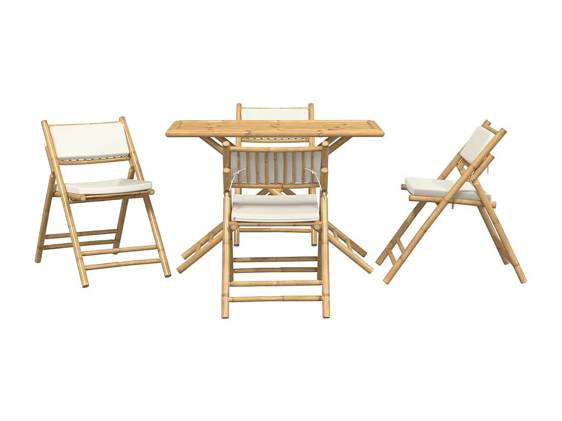 Juego de bistró plegable con cojines 5 pzas bambú blanco crema ES299012
