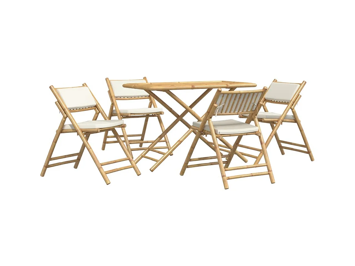 Juego de bistró plegable con cojines 5 pzas bambú blanco crema ES299012