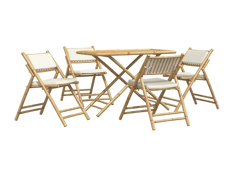 Ensemble de bistro pliante 5 pcs et coussins blanc crème bambou FR57761