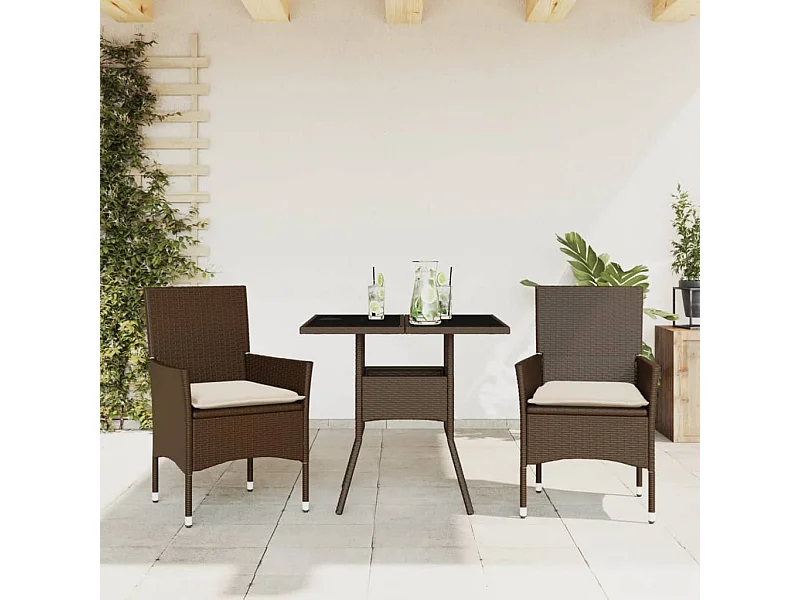 Ensemble à manger de jardin et coussins 3pcs marron rotin verre FR71706
