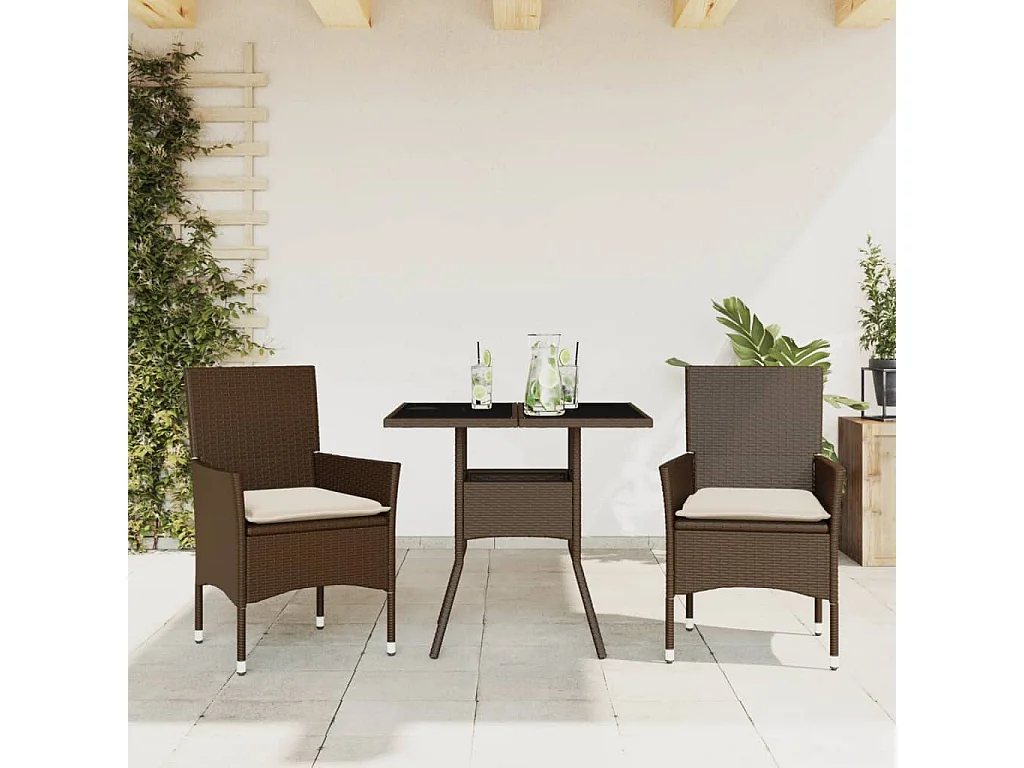 Ensemble à manger de jardin et coussins 3pcs marron rotin verre FR71706