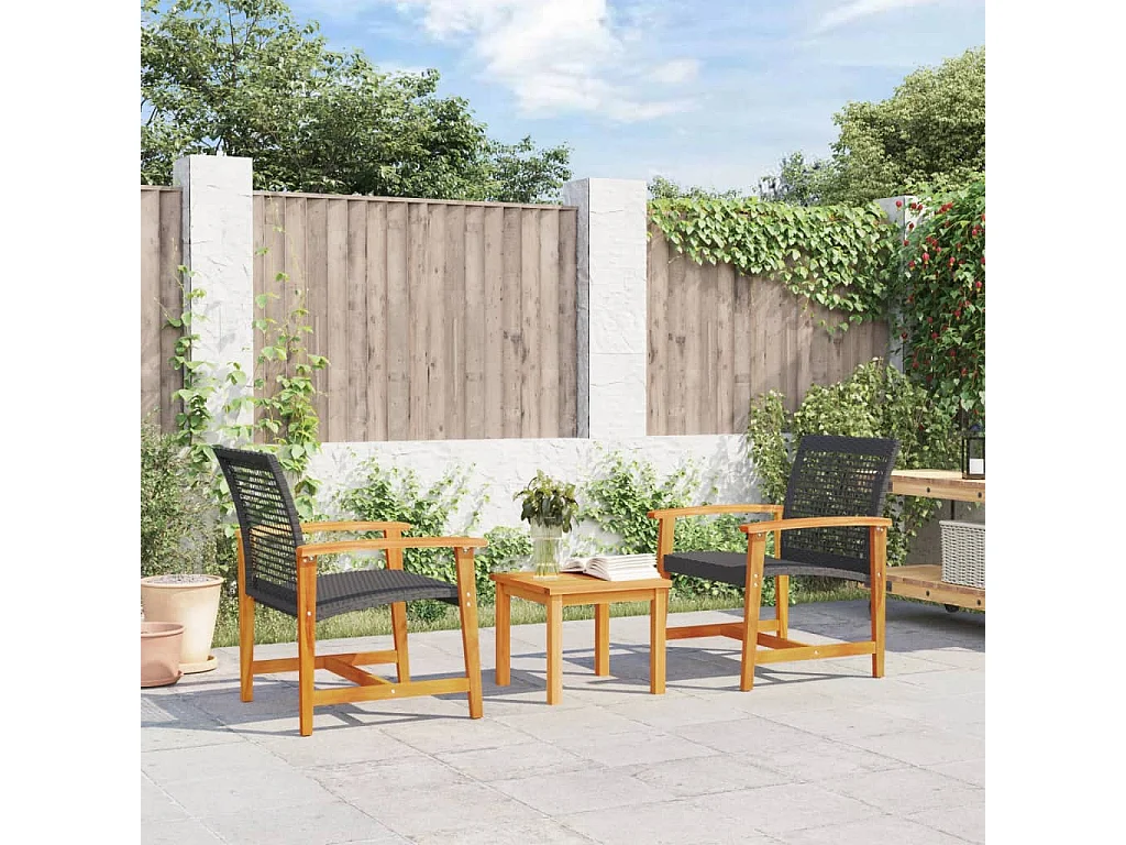 Ensemble de bistro 3 pcs noir résine tressée et bois d'acacia FR14812