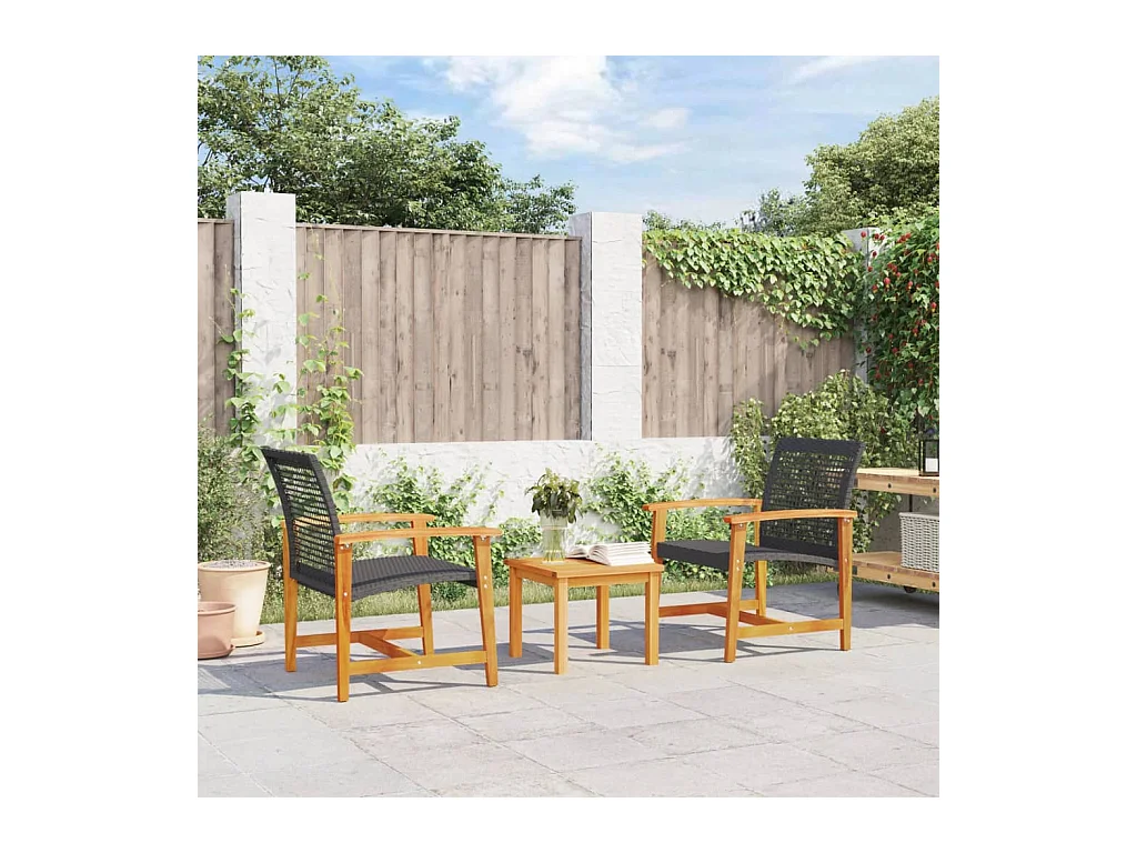 Ensemble de bistro 3 pcs noir résine tressée et bois d'acacia FR14812