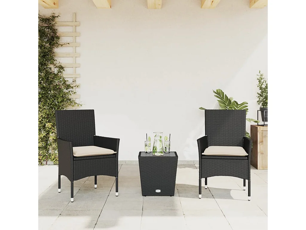 Ensemble de bistro avec coussins 3pcs noir résine tressée verre FR88212