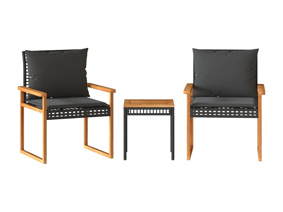 Ensemble de bistro 3 pcs et coussins noir résine tressée acacia FR28818
