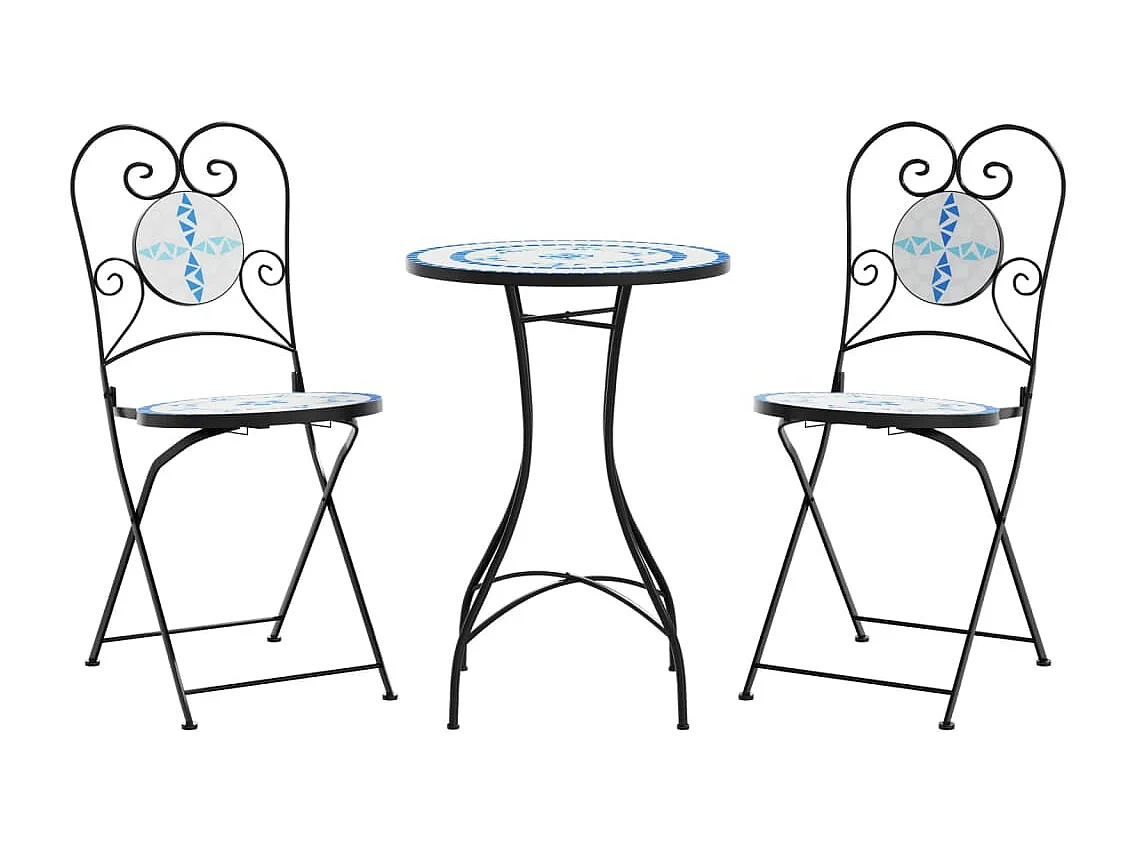 Ensemble de bistro mosaïque bleu et blanc fer et céramique FR32075