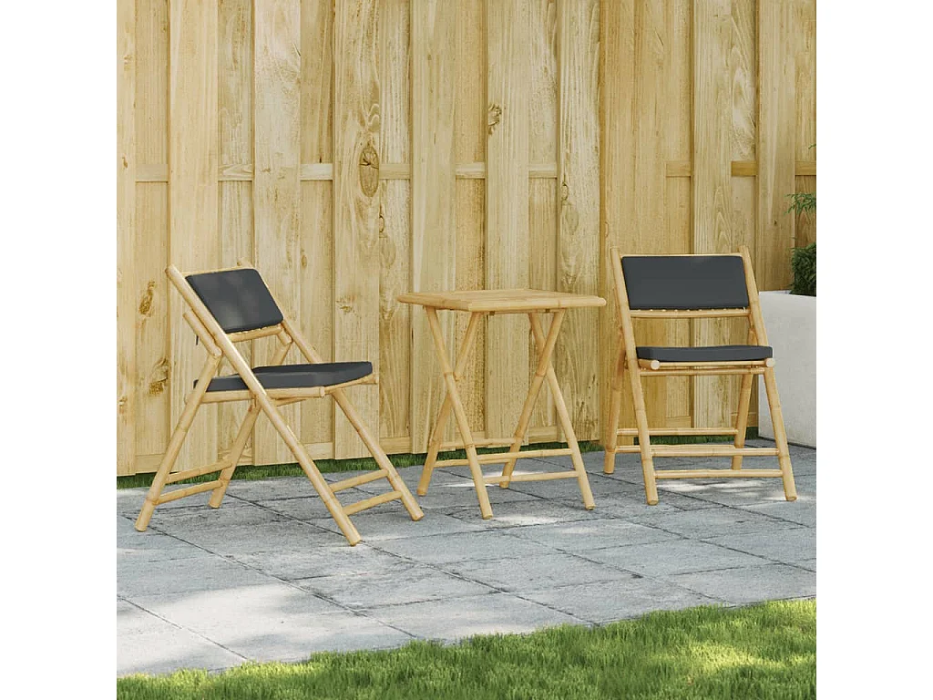 Ensemble de bistro pliante 3 pcs et coussins gris foncé bambou FR57564