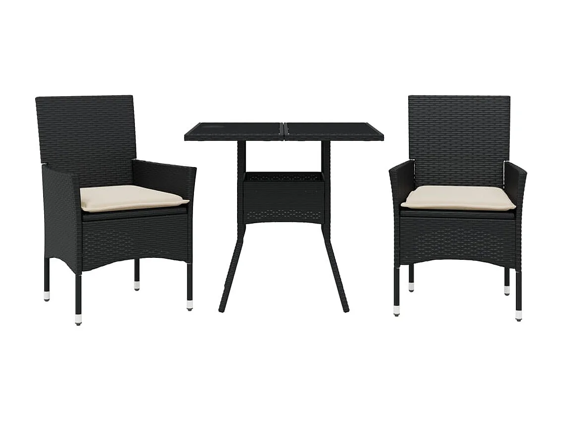 Set comedor jardín 3 pzas cojines ratán sintético vidrio negro ES794129