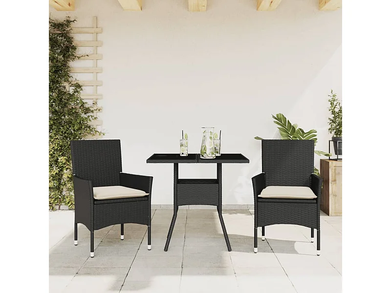 Ensemble à manger de jardin et coussins 3 pcs noir rotin verre FR16331
