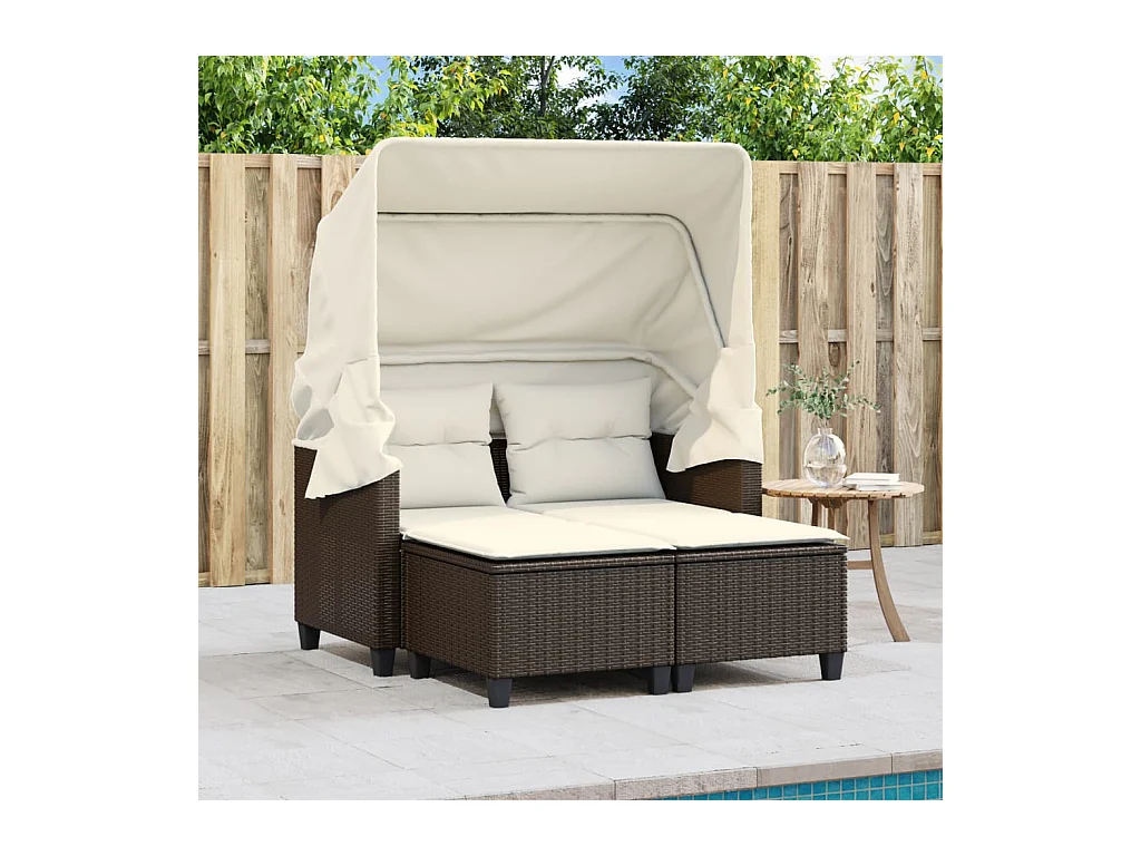 Canapé de jardin 2 places avec auvent et tabourets marron rotin FR942541