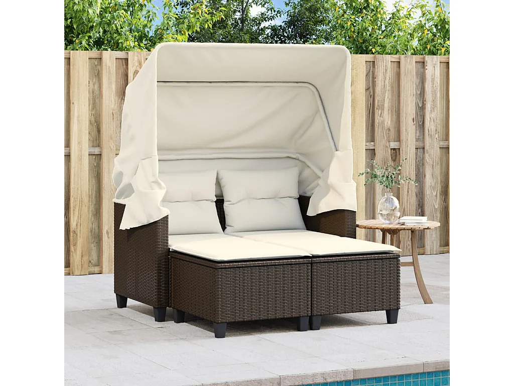 Canapé de jardin 2 places avec auvent et tabourets marron rotin FR942541