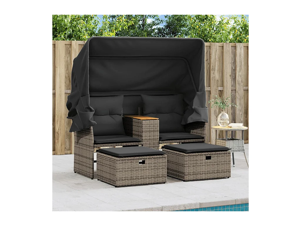 Canapé de jardin 2 places avec auvent et tabourets gris rotin FR832077