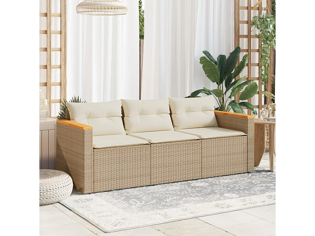 Canapé de jardin avec coussins 3 places beige résine tressée FR497163