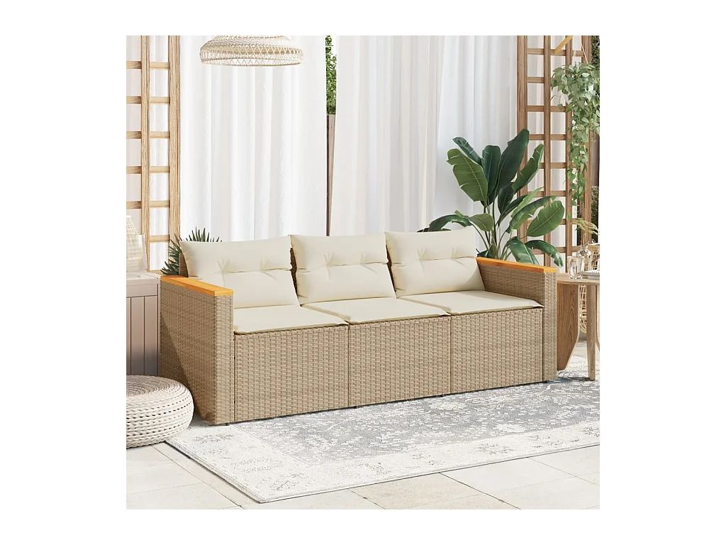 Canapé de jardin avec coussins 3 places beige résine tressée FR497163