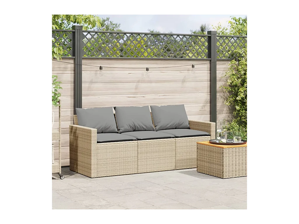 Canapé de jardin avec coussins 3 places beige résine tressée FR564404