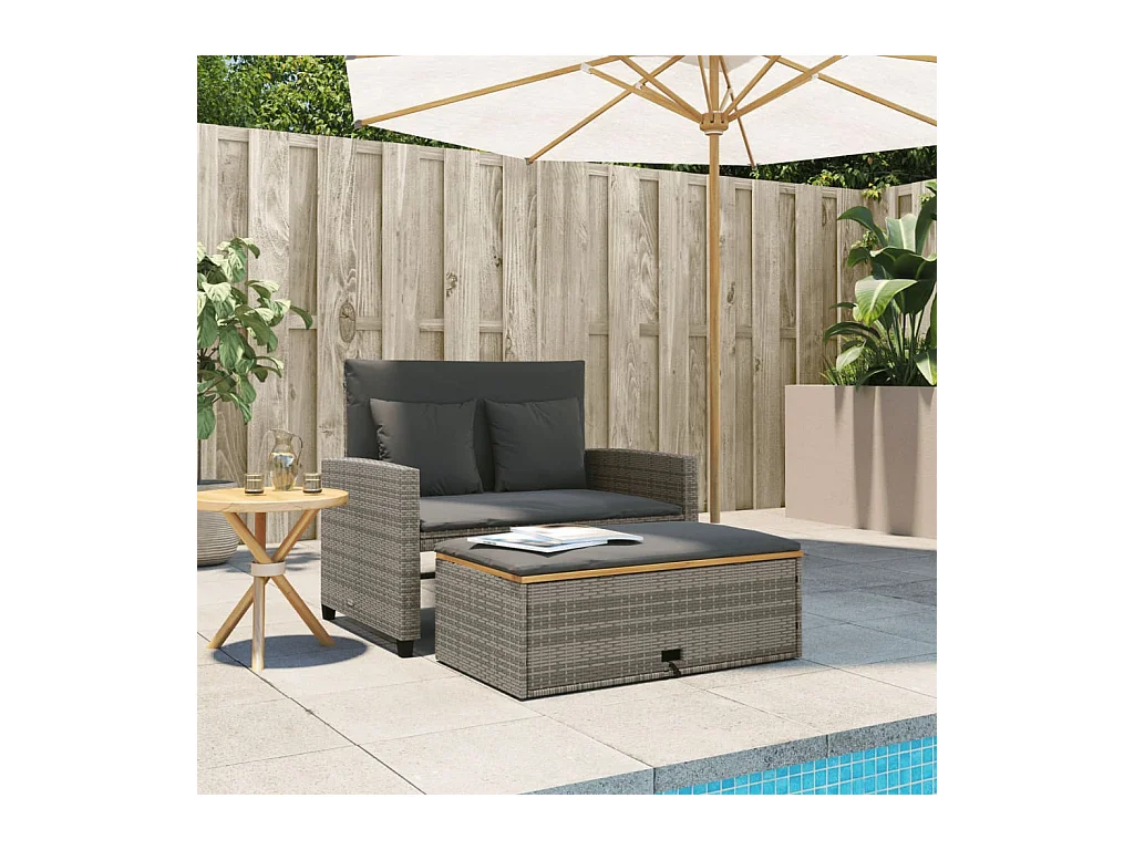 Canapé de jardin 2 places coussins gris résine tressée&acacia FR695000