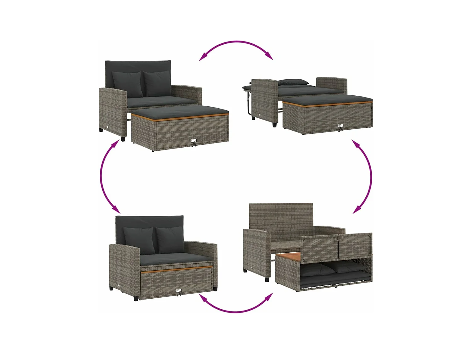 Tuinbank 2-zits met kussens poly rattan en acaciahout grijs BE522531