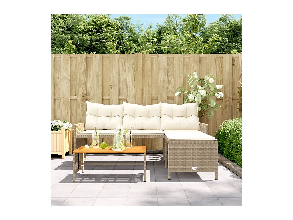 Canapé de jardin avec table et coussins en forme de L beige FR443929