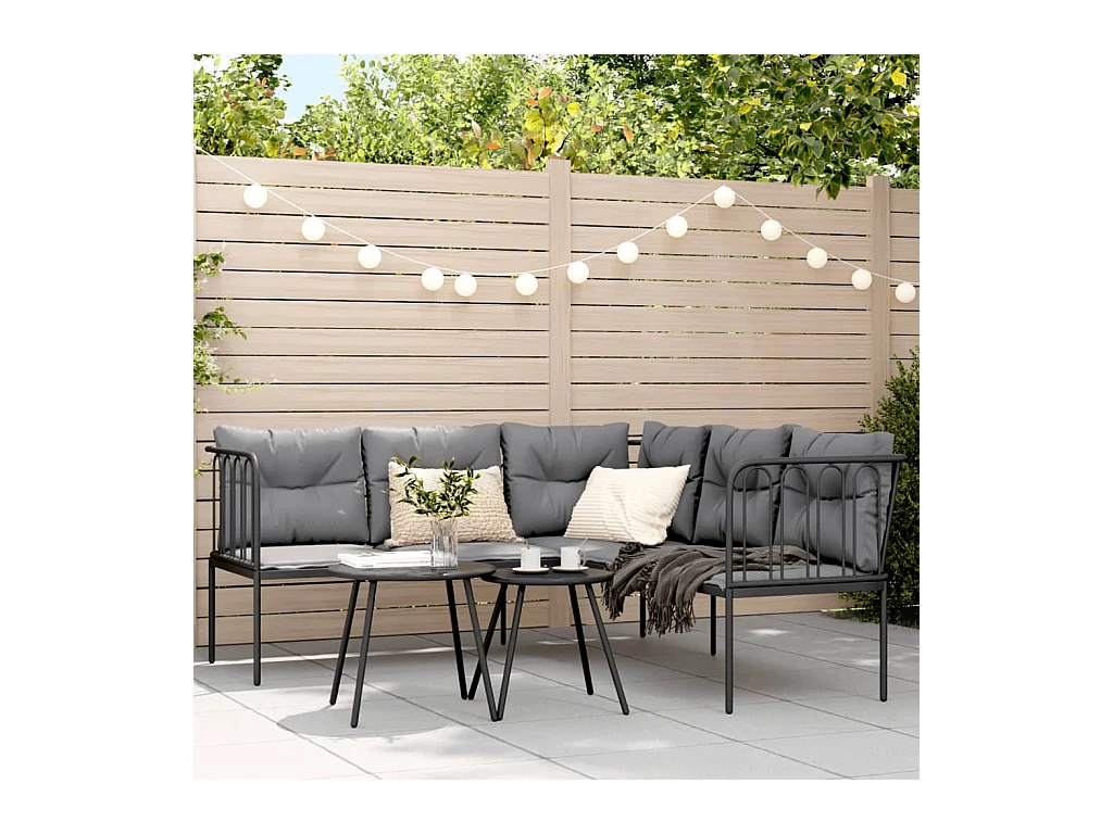 Canapé de jardin avec coussins forme de L noir acier textilène FR824889