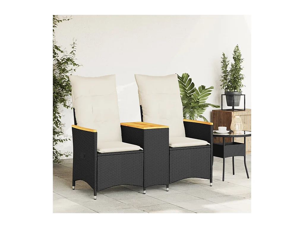 Canapé de jardin inclinable 2 places avec table noir poly rotin FR453921