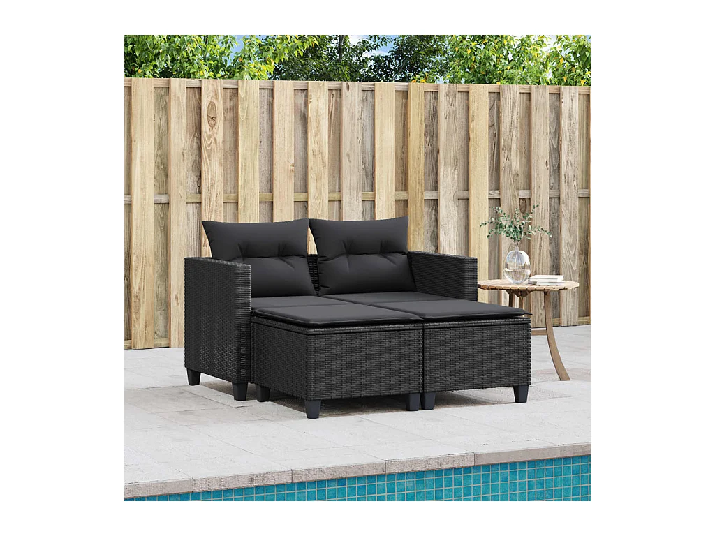 Canapé de jardin 2 places avec tabourets noir résine tressée FR246268