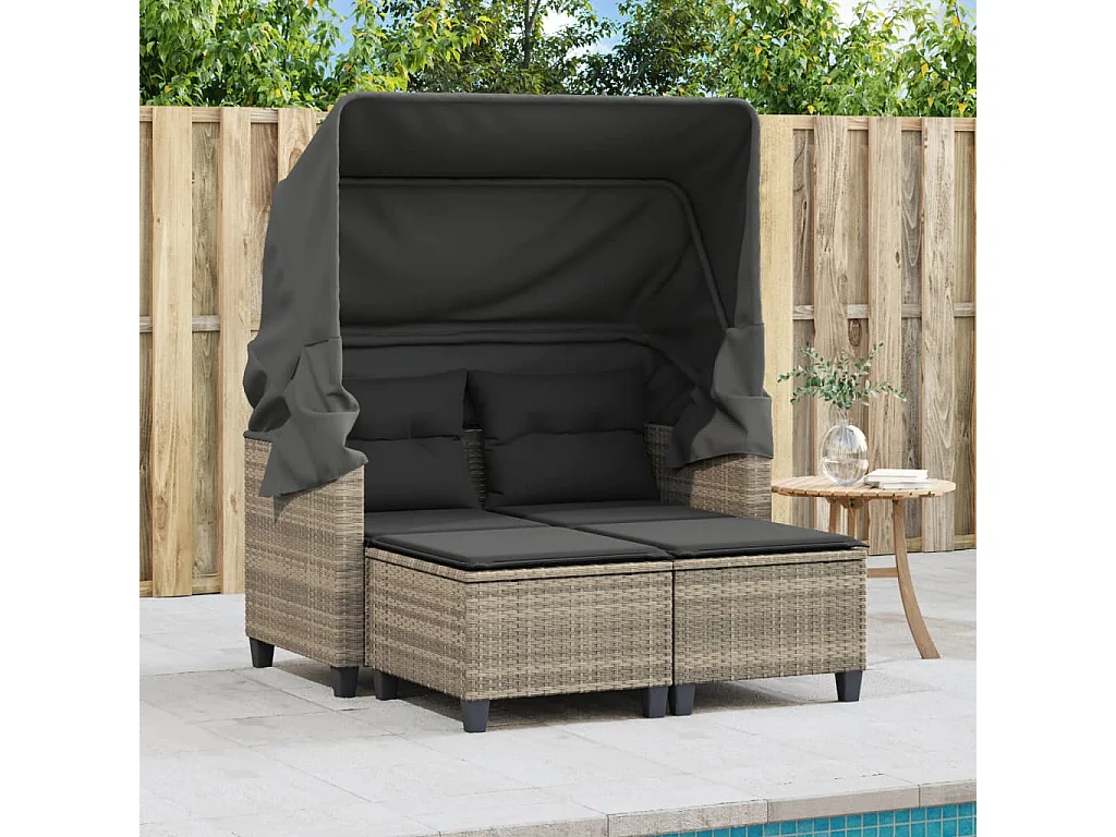 Canapé de jardin 2 places et auvent tabourets gris clair rotin FR171440