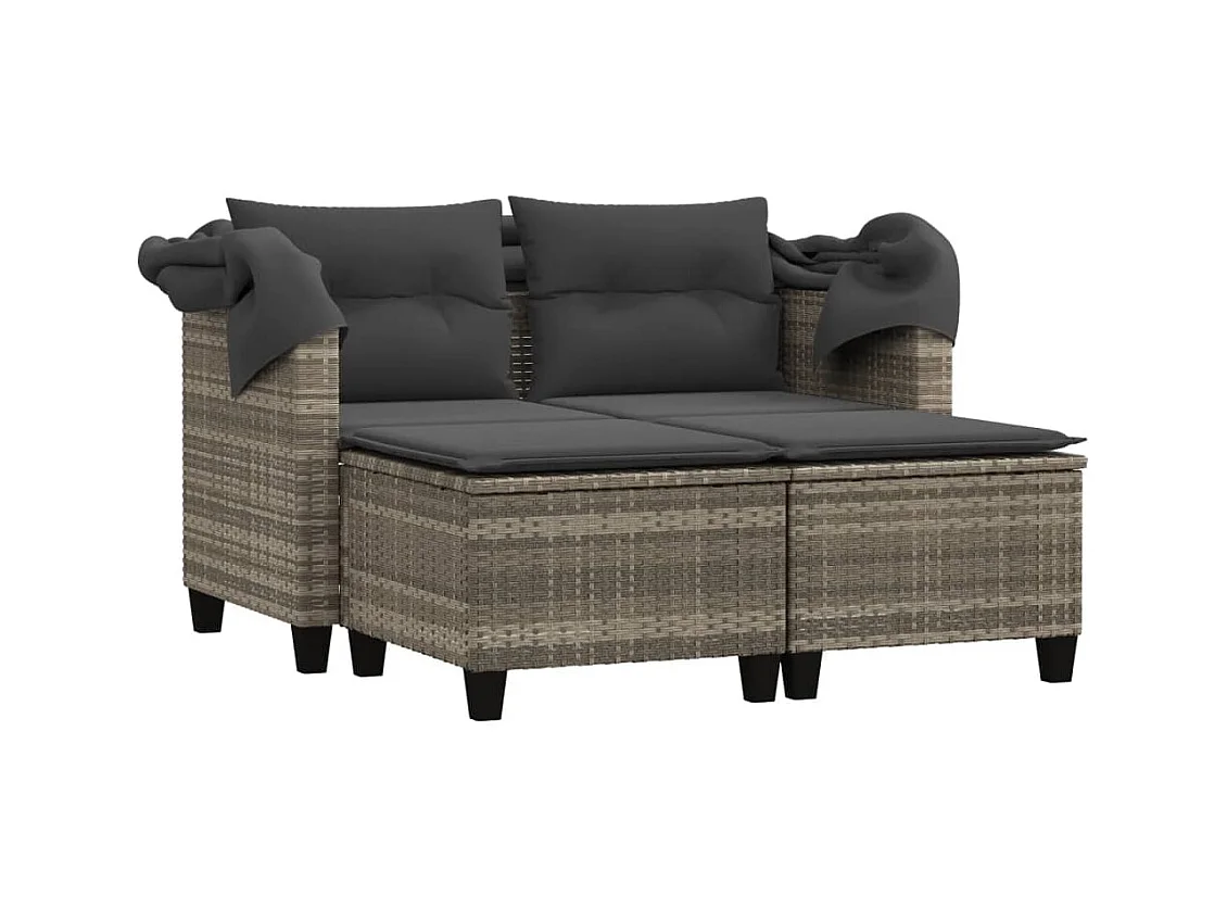 Tuinbank 2-zits luifel en voetenbanken poly rattan lichtgrijs BE728845