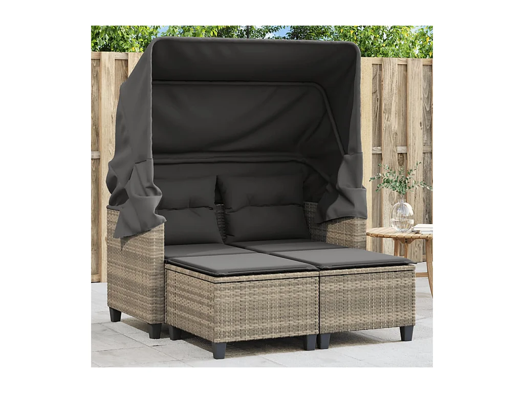 Tuinbank 2-zits luifel en voetenbanken poly rattan lichtgrijs BE728845