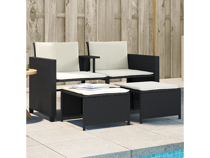 Sofá de jardim de 2 lugares com mesa e bancos vime PE preto PT758275