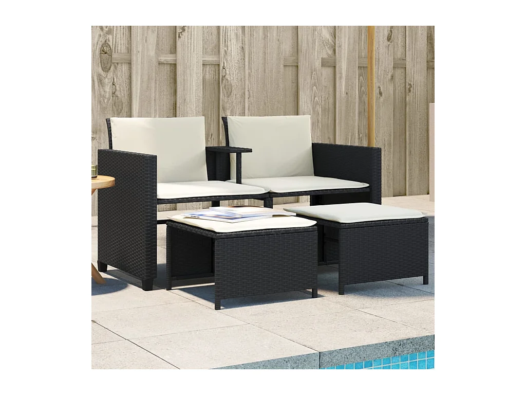 Canapé de jardin 2 places avec table et tabourets noir rotin FR95291