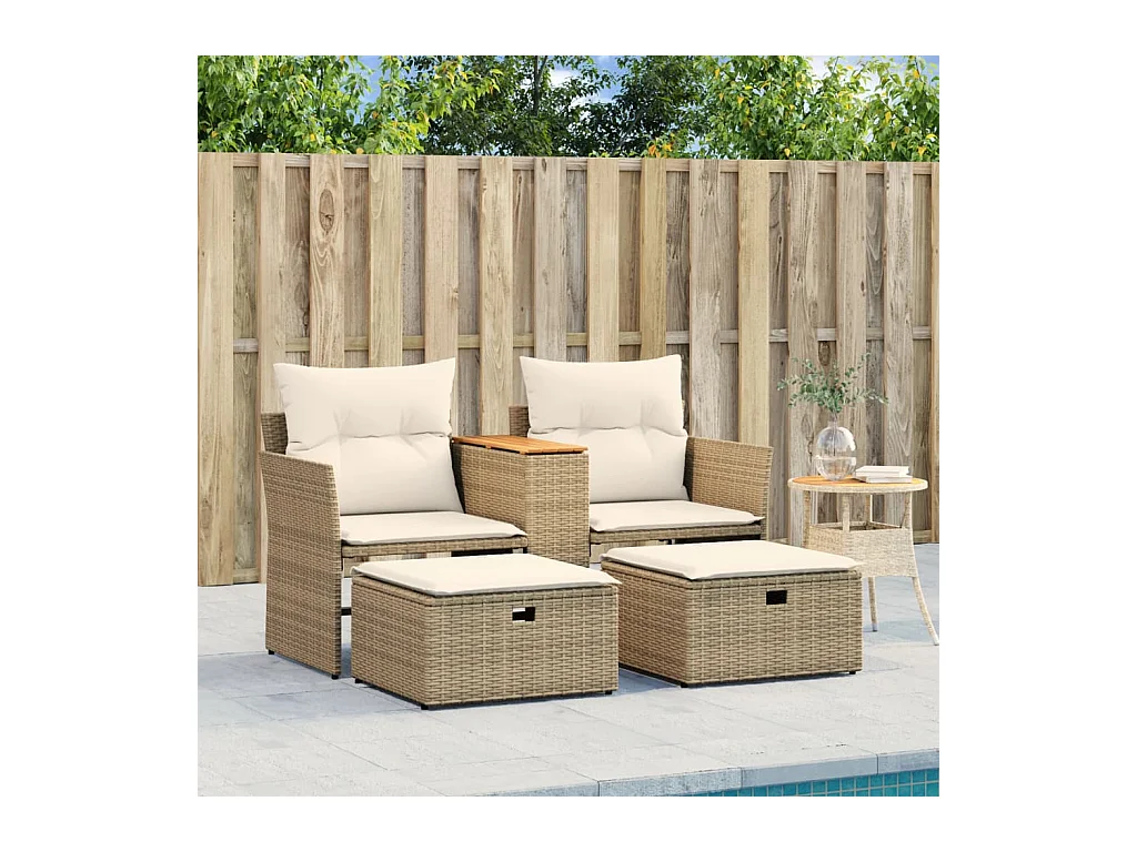 Canapé de jardin 2 places avec tabourets beige résine tressée FR789257