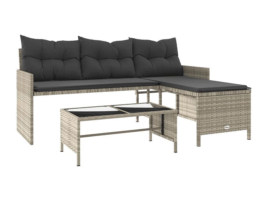 Tuinbank met tafel en kussens L-vormig poly rattan lichtgrijs BE542256