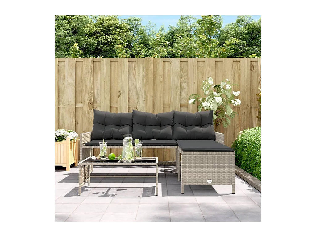 Tuinbank met tafel en kussens L-vormig poly rattan lichtgrijs BE542256