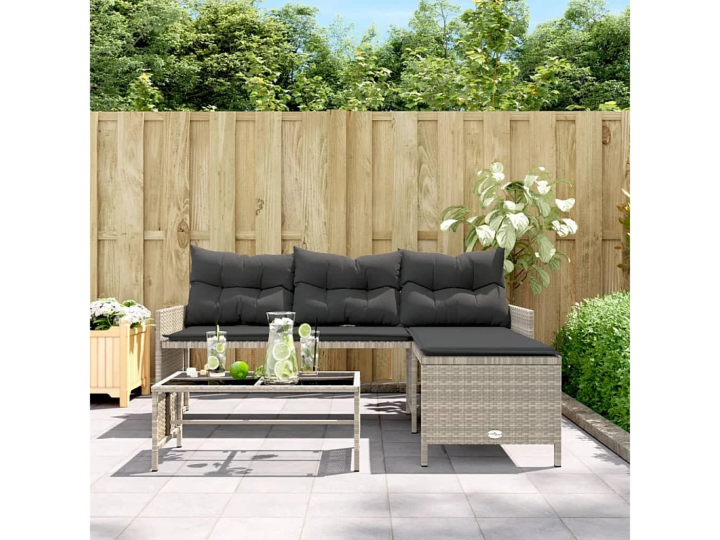 Canapé de jardin et table et coussins en forme de L gris clair FR661542