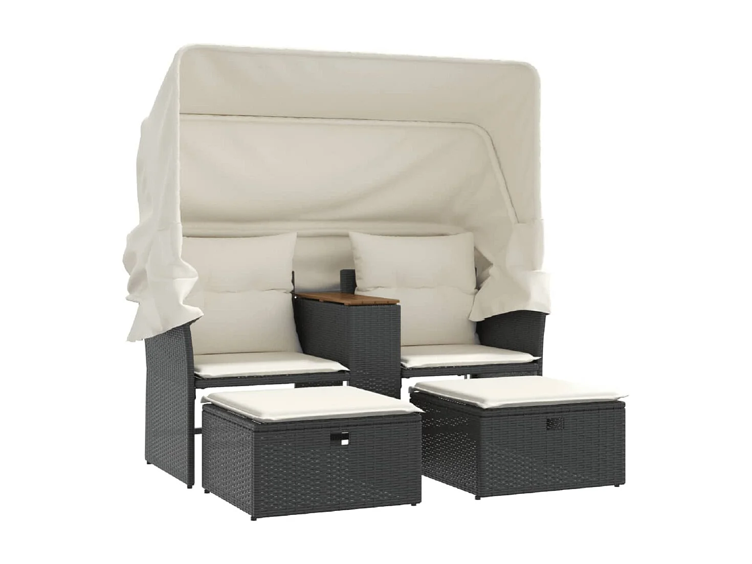 Canapé de jardin 2 places avec auvent et tabourets noir rotin FR209635