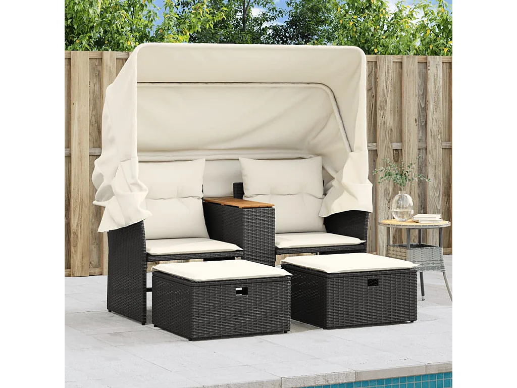 Canapé de jardin 2 places avec auvent et tabourets noir rotin FR209635