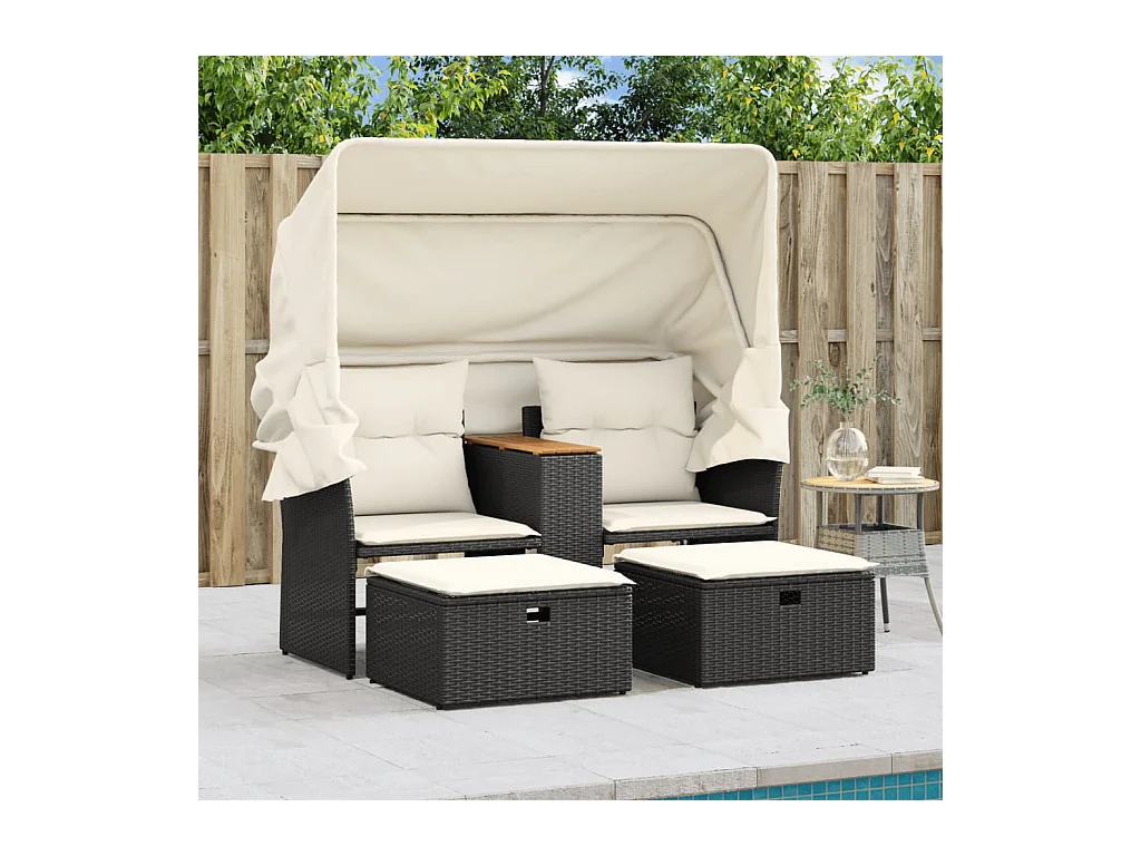 Canapé de jardin 2 places avec auvent et tabourets noir rotin FR209635